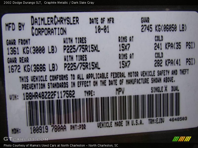 Graphite Metallic / Dark Slate Gray 2002 Dodge Durango SLT