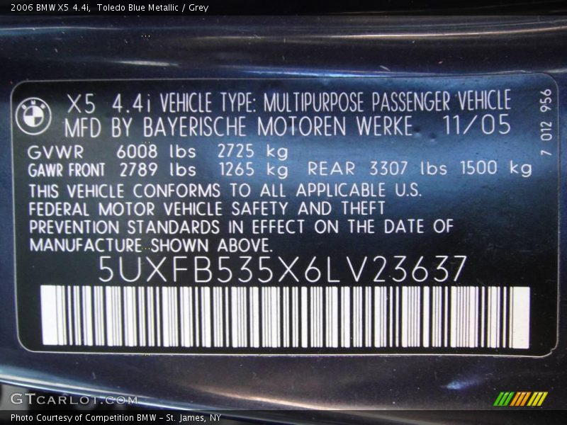 Toledo Blue Metallic / Grey 2006 BMW X5 4.4i