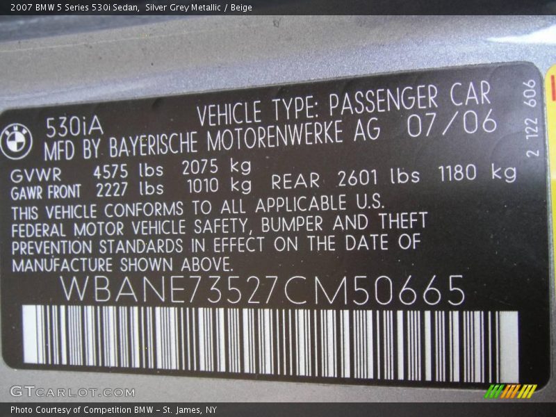 Silver Grey Metallic / Beige 2007 BMW 5 Series 530i Sedan