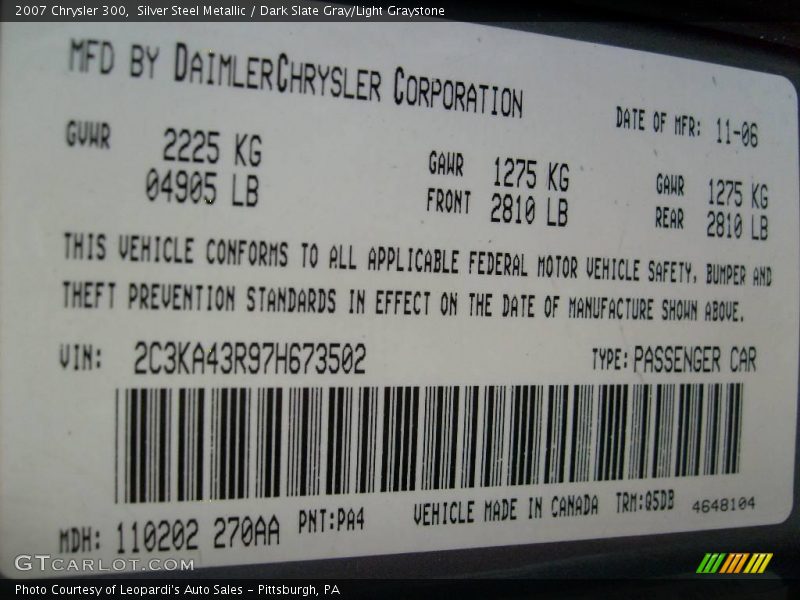 Silver Steel Metallic / Dark Slate Gray/Light Graystone 2007 Chrysler 300