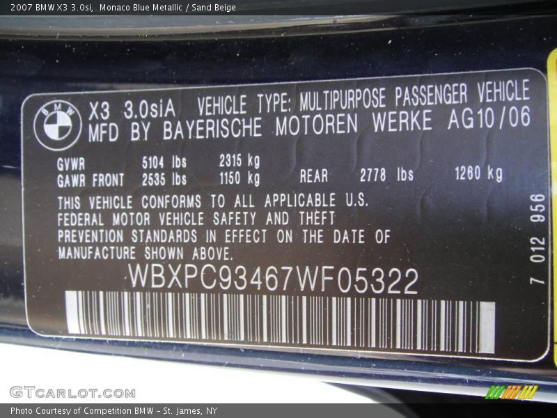 Monaco Blue Metallic / Sand Beige 2007 BMW X3 3.0si