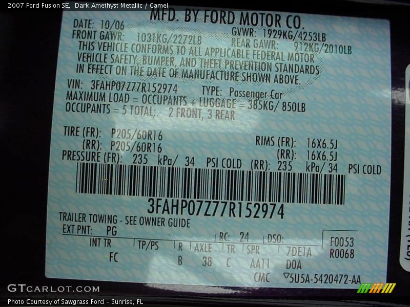 2007 Fusion SE Dark Amethyst Metallic Color Code PG