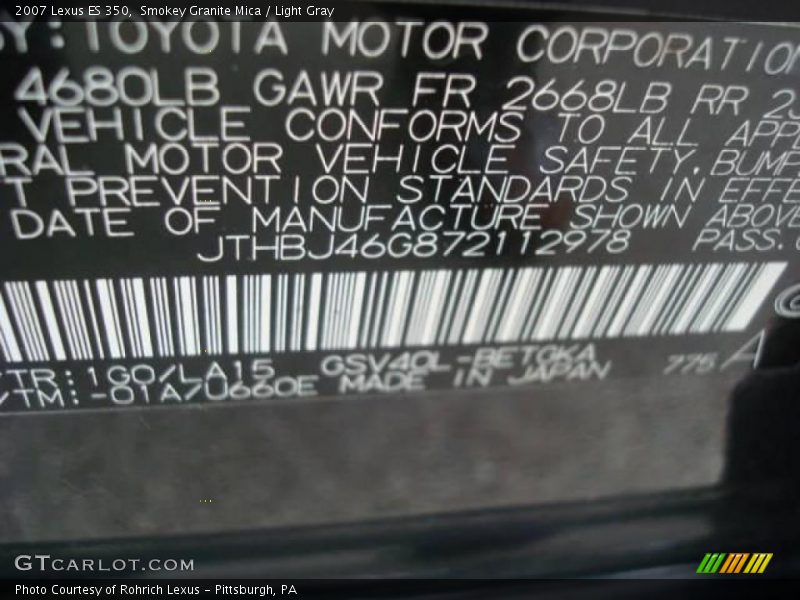 Smokey Granite Mica / Light Gray 2007 Lexus ES 350