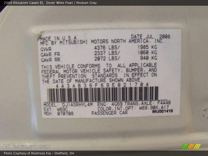 Dover White Pearl / Medium Gray 2009 Mitsubishi Galant ES