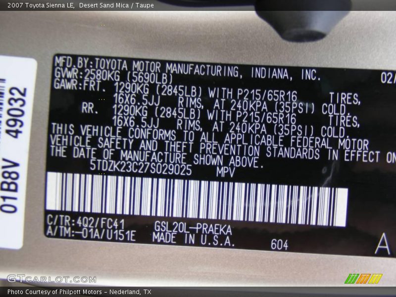 Desert Sand Mica / Taupe 2007 Toyota Sienna LE
