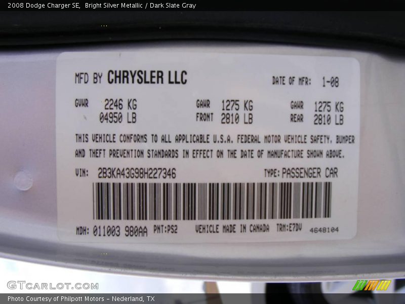 Bright Silver Metallic / Dark Slate Gray 2008 Dodge Charger SE