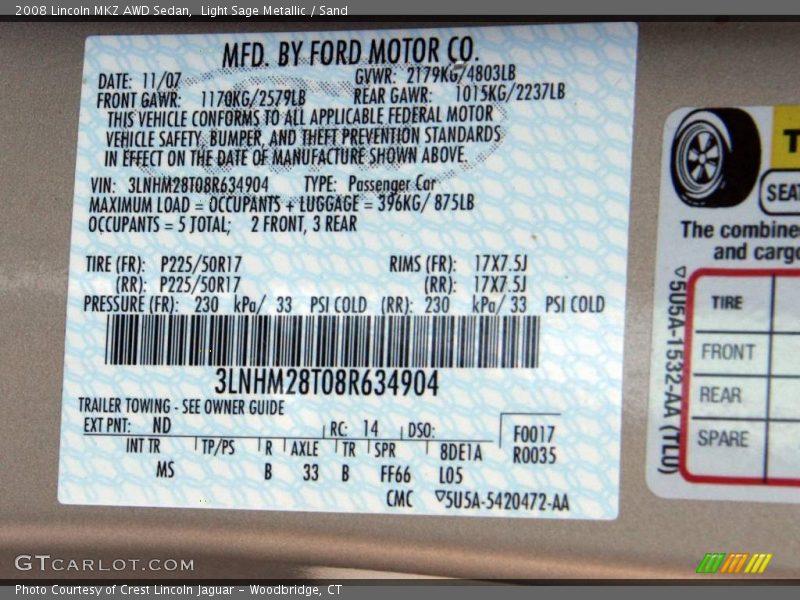 Light Sage Metallic / Sand 2008 Lincoln MKZ AWD Sedan