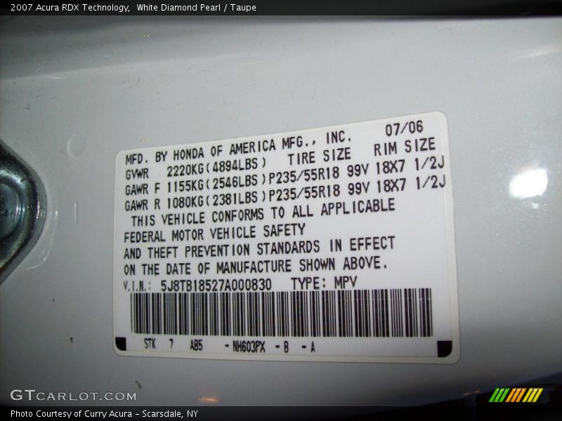 White Diamond Pearl / Taupe 2007 Acura RDX Technology
