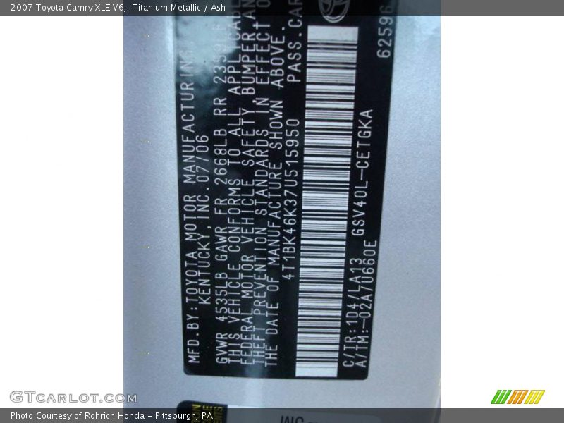 Titanium Metallic / Ash 2007 Toyota Camry XLE V6