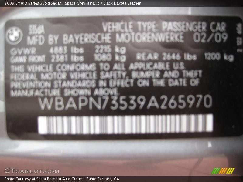 Space Grey Metallic / Black Dakota Leather 2009 BMW 3 Series 335d Sedan