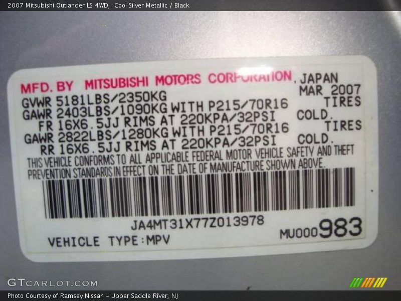 Cool Silver Metallic / Black 2007 Mitsubishi Outlander LS 4WD
