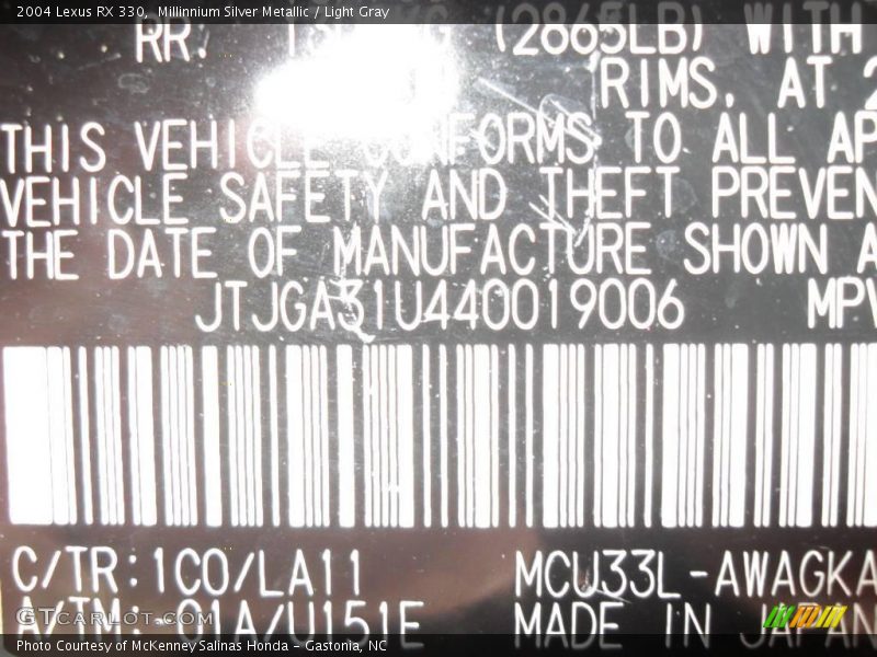 Millinnium Silver Metallic / Light Gray 2004 Lexus RX 330