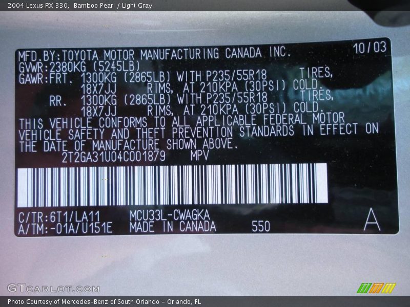 Bamboo Pearl / Light Gray 2004 Lexus RX 330