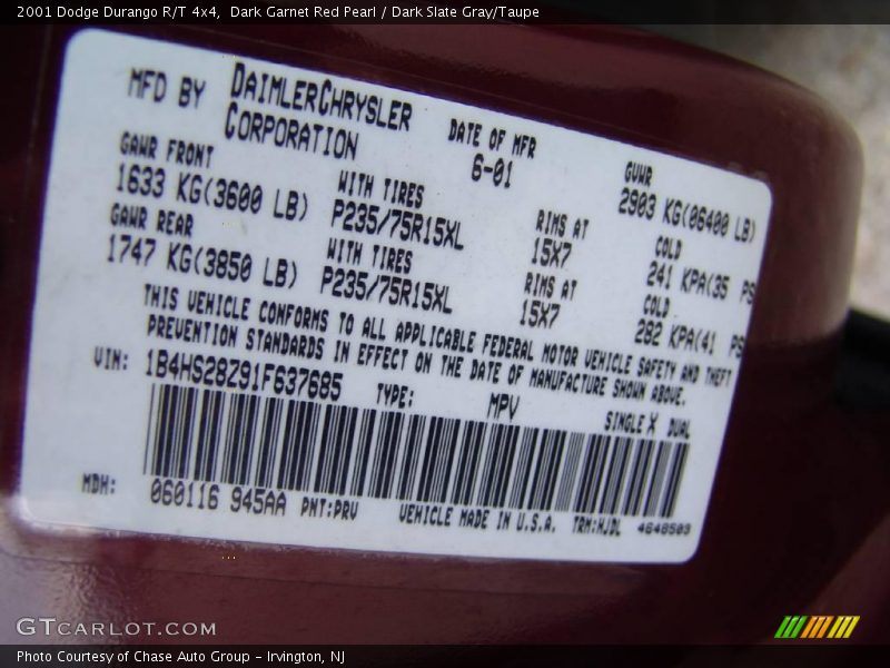 Dark Garnet Red Pearl / Dark Slate Gray/Taupe 2001 Dodge Durango R/T 4x4