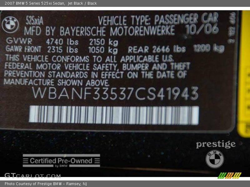 Jet Black / Black 2007 BMW 5 Series 525xi Sedan
