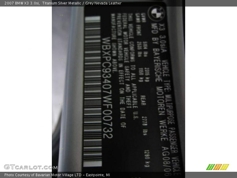 Titanium Silver Metallic / Grey Nevada Leather 2007 BMW X3 3.0si