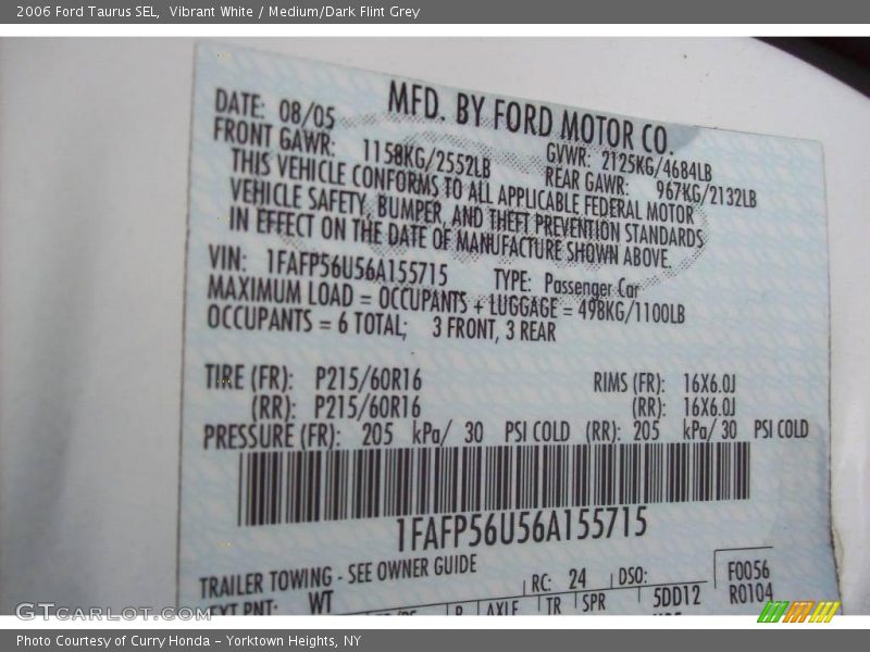 Vibrant White / Medium/Dark Flint Grey 2006 Ford Taurus SEL