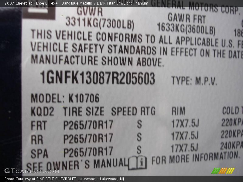 Dark Blue Metallic / Dark Titanium/Light Titanium 2007 Chevrolet Tahoe LT 4x4