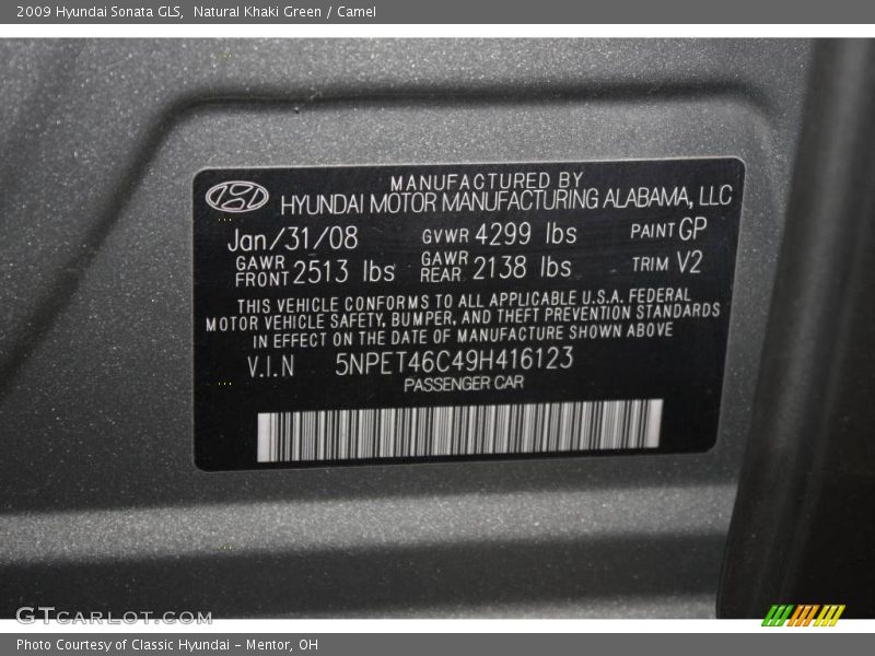 Natural Khaki Green / Camel 2009 Hyundai Sonata GLS