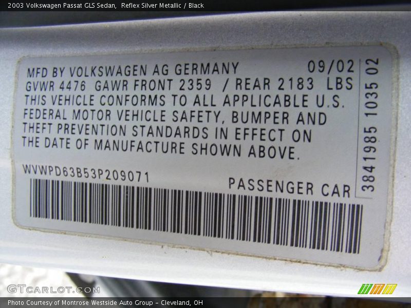 Reflex Silver Metallic / Black 2003 Volkswagen Passat GLS Sedan