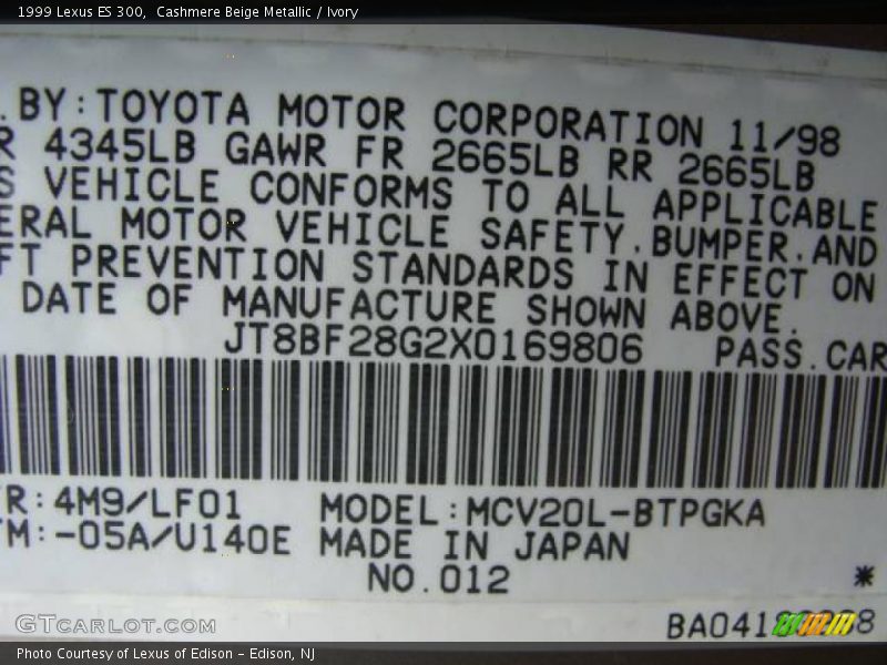 1999 ES 300 Cashmere Beige Metallic Color Code 4M9