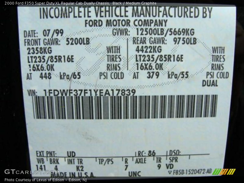 Black / Medium Graphite 2000 Ford F350 Super Duty XL Regular Cab Dually Chassis