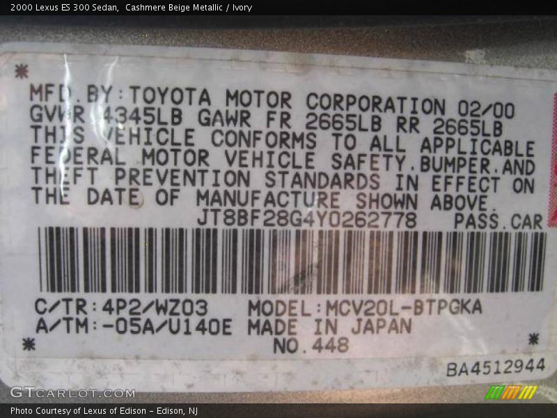 Cashmere Beige Metallic / Ivory 2000 Lexus ES 300 Sedan