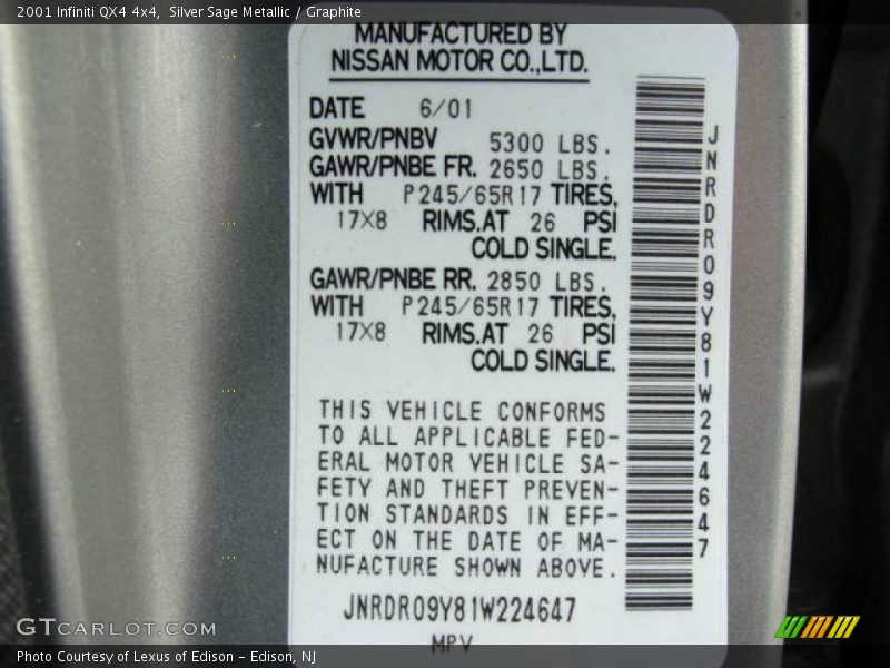 Silver Sage Metallic / Graphite 2001 Infiniti QX4 4x4