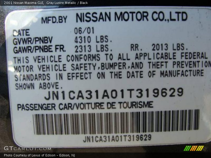 Gray Lustre Metallic / Black 2001 Nissan Maxima GLE