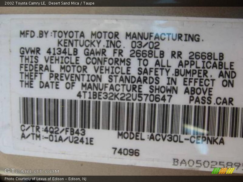 Desert Sand Mica / Taupe 2002 Toyota Camry LE