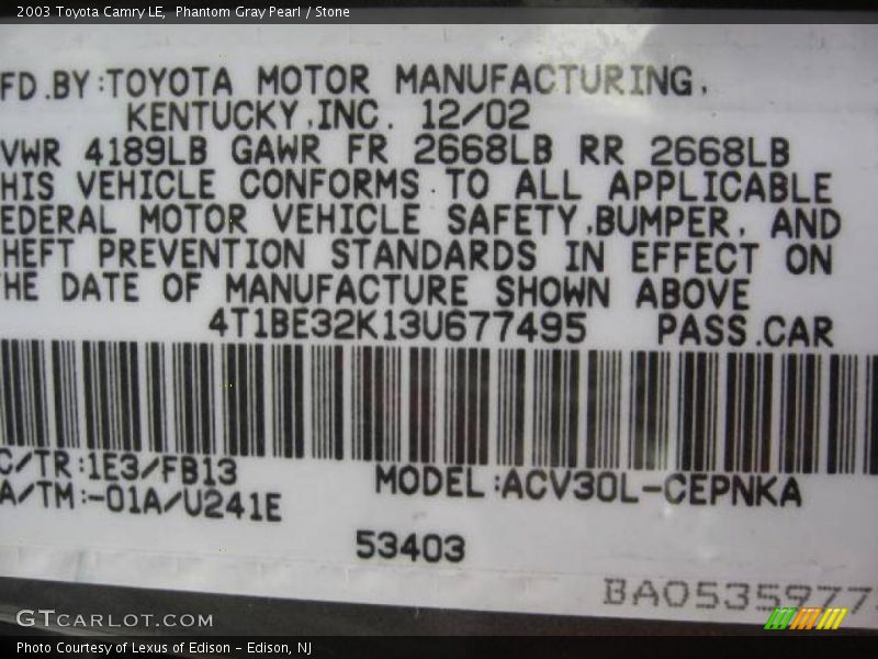 Phantom Gray Pearl / Stone 2003 Toyota Camry LE