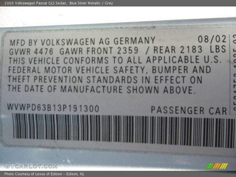 Blue Silver Metallic / Grey 2003 Volkswagen Passat GLS Sedan