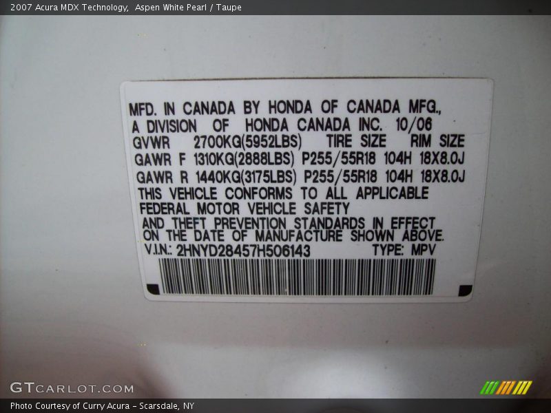 Aspen White Pearl / Taupe 2007 Acura MDX Technology