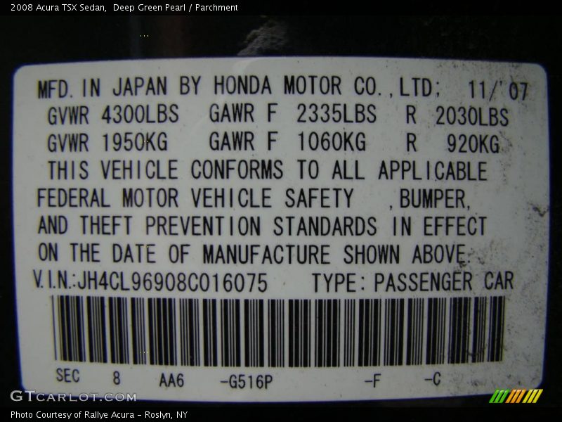 2008 TSX Sedan Deep Green Pearl Color Code G516P