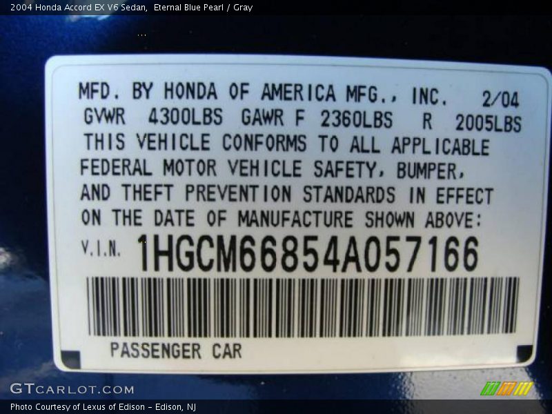 Eternal Blue Pearl / Gray 2004 Honda Accord EX V6 Sedan