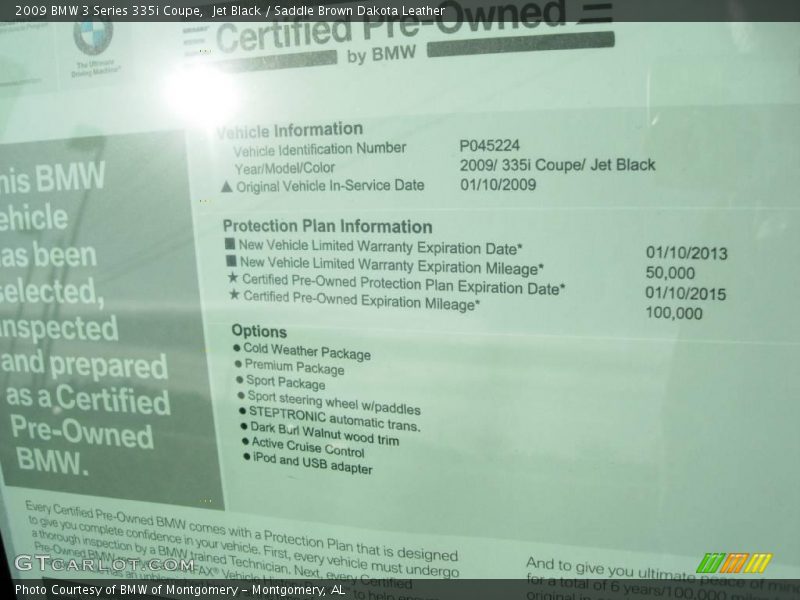 Jet Black / Saddle Brown Dakota Leather 2009 BMW 3 Series 335i Coupe