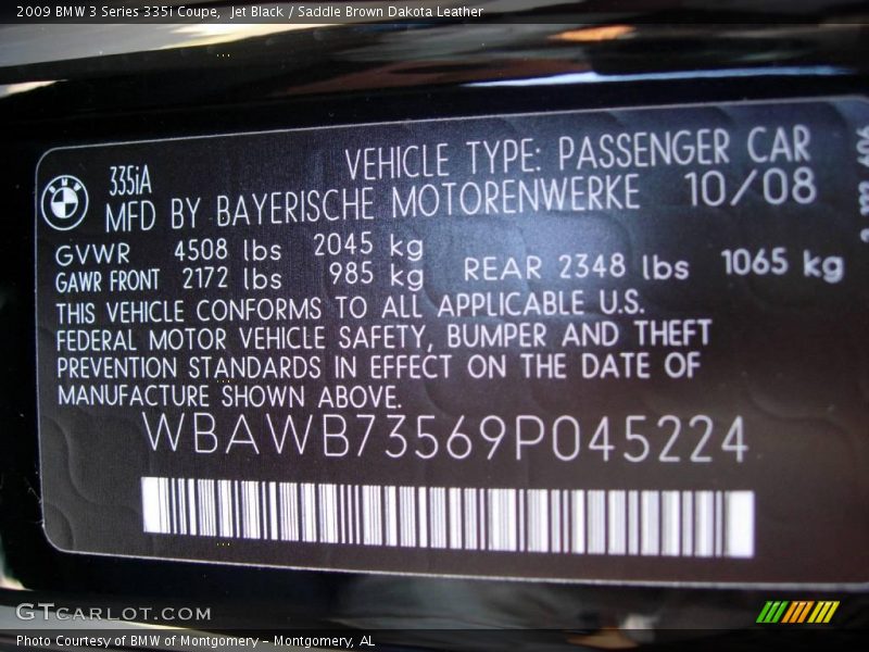 Jet Black / Saddle Brown Dakota Leather 2009 BMW 3 Series 335i Coupe