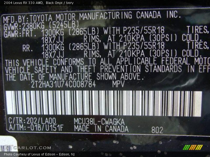 Black Onyx / Ivory 2004 Lexus RX 330 AWD