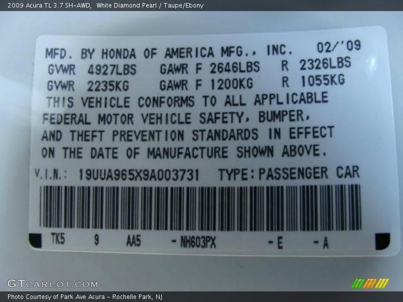 White Diamond Pearl / Taupe/Ebony 2009 Acura TL 3.7 SH-AWD