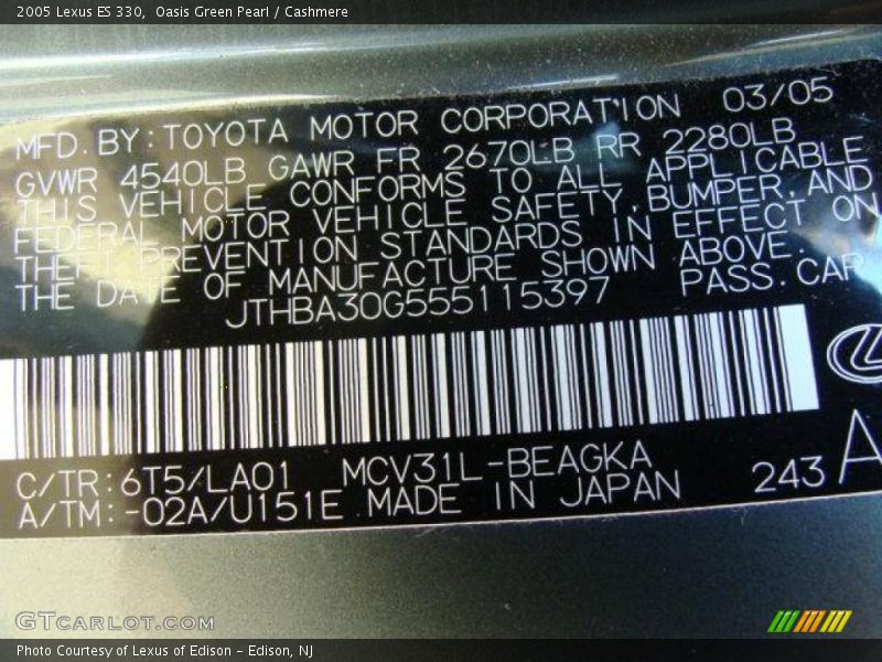 Oasis Green Pearl / Cashmere 2005 Lexus ES 330