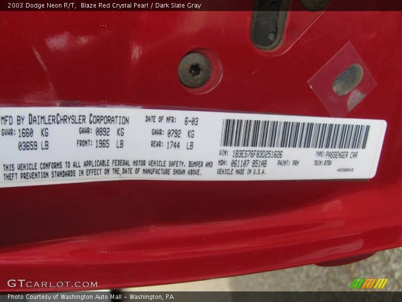 Blaze Red Crystal Pearl / Dark Slate Gray 2003 Dodge Neon R/T