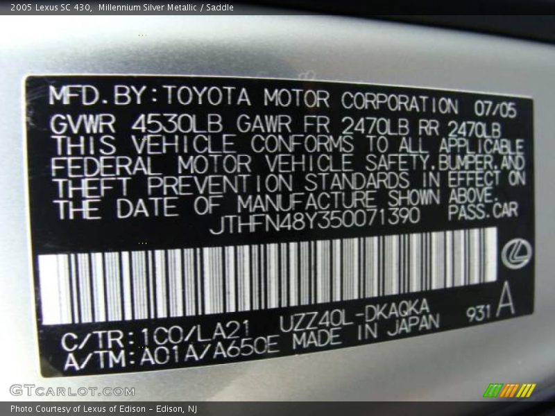 Millennium Silver Metallic / Saddle 2005 Lexus SC 430