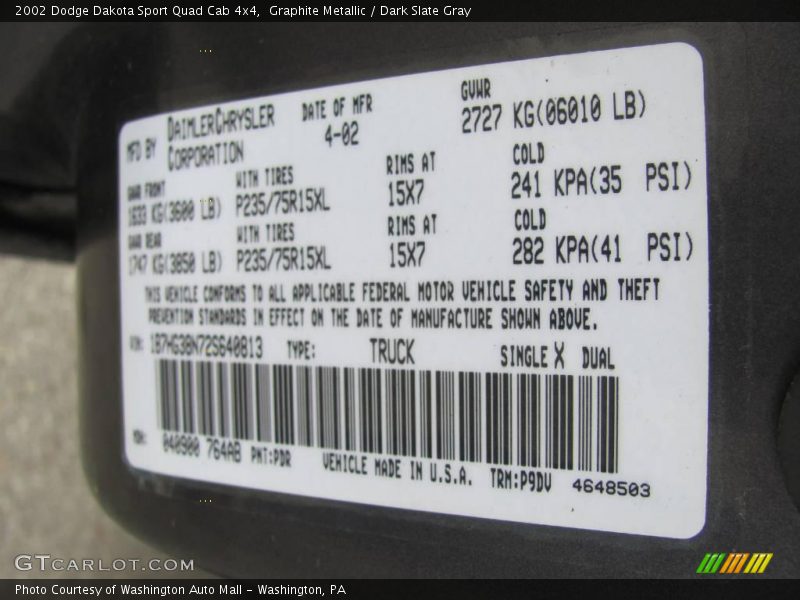 Graphite Metallic / Dark Slate Gray 2002 Dodge Dakota Sport Quad Cab 4x4