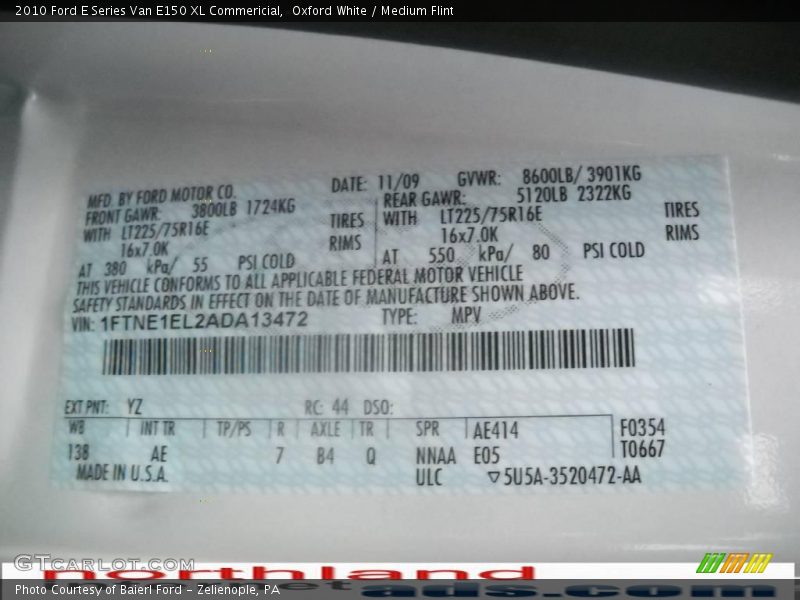 Oxford White / Medium Flint 2010 Ford E Series Van E150 XL Commericial