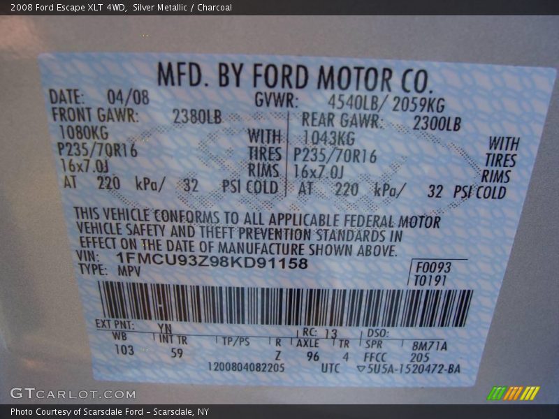 Silver Metallic / Charcoal 2008 Ford Escape XLT 4WD