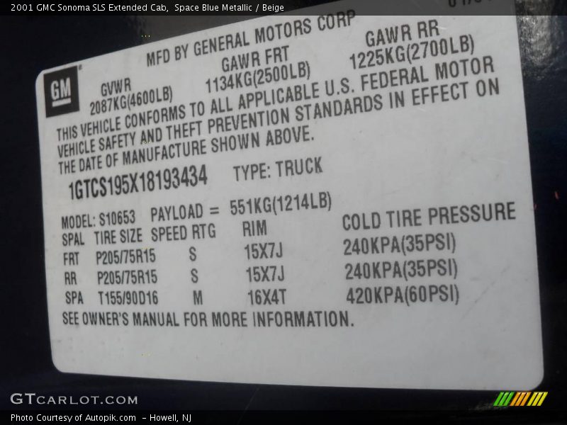 Space Blue Metallic / Beige 2001 GMC Sonoma SLS Extended Cab