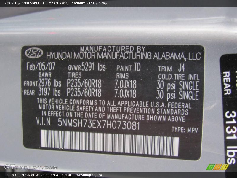 Platinum Sage / Gray 2007 Hyundai Santa Fe Limited 4WD