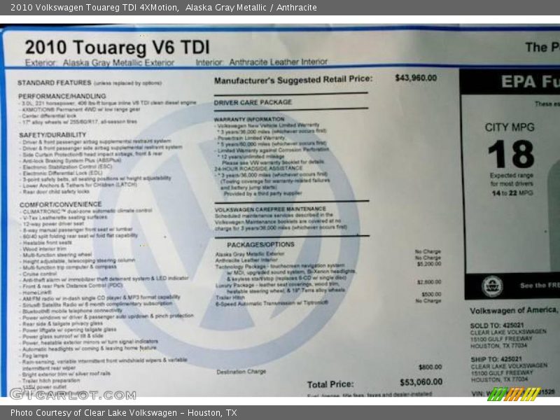 Alaska Gray Metallic / Anthracite 2010 Volkswagen Touareg TDI 4XMotion