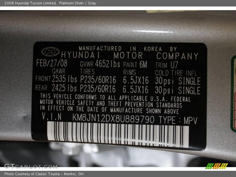 Platinum Silver / Gray 2008 Hyundai Tucson Limited