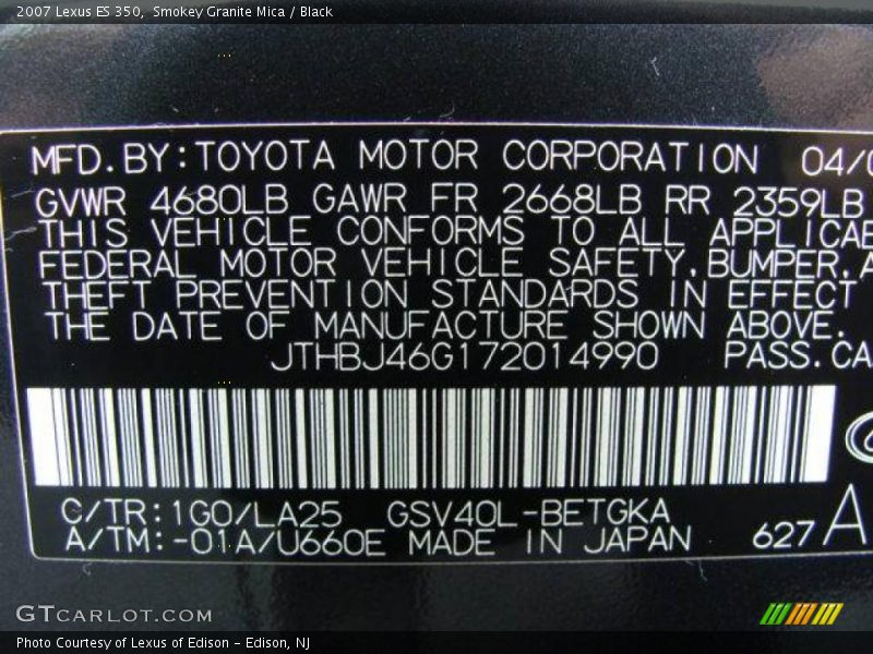 Smokey Granite Mica / Black 2007 Lexus ES 350